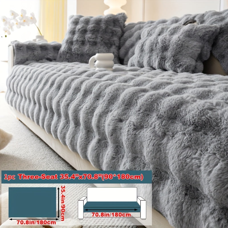 Winter plush faux fur sofa cover for pet-friendly non-slip protection, suitable for sofas up to 4 seats. Machine-washable polyester slipcover for home and office decor, making a cozy Christmas gift.