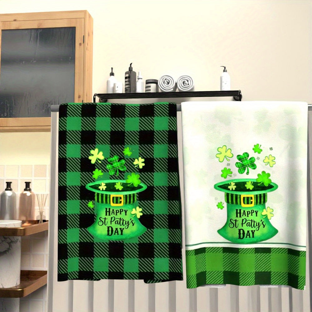 Two pieces of ultra-soft St. Patrick's Day tea towels measuring 45.72x66.04cm. These quick-dry, highly absorbent polyester dish towels feature a charming leprechaun hat and shamrock design, making them ideal for both home use and gifting. Add a festive