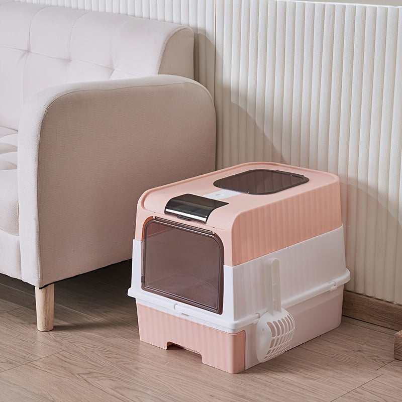 Enclosed cat litter box with deodorizing system made of PP material, fully sealed design for odor control, compatible with carbon transport, suitable for all cat breeds.