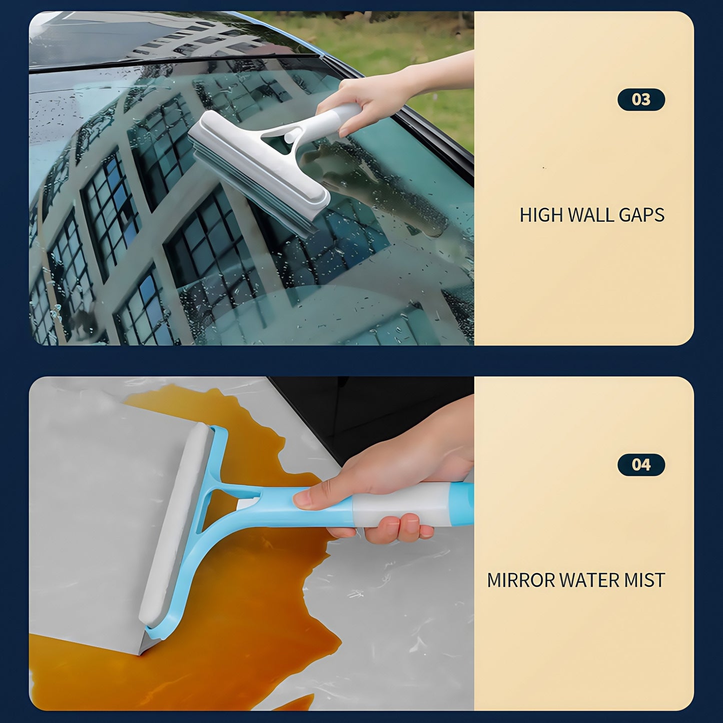 Professional home cleaning tool: Double-Sided Glass Scraper with Spray Bottle. Versatile window cleaning brush with silicon wiper. Suitable for windows, mirrors, floors, and cars.