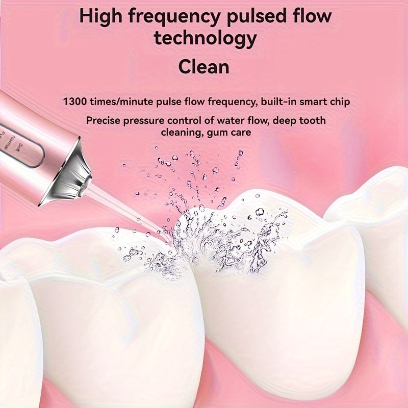 1 portable oral irrigator with USB rechargeable feature, 800mAh lithium battery, 3 cleaning modes, 4 jet tips for teeth cleaning and gap residue removal.