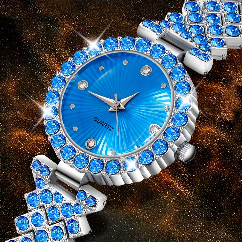 5 elegant women's quartz watch and heart-shaped gemstone jewelry set in glamorous blue crystal wristwatch with zinc alloy band, paired with sparkling necklace, earrings, and ring. Ideal for