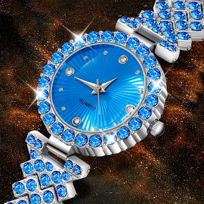 5 elegant women's quartz watch and heart-shaped gemstone jewelry set in glamorous blue crystal wristwatch with zinc alloy band, paired with sparkling necklace, earrings, and ring. Ideal for