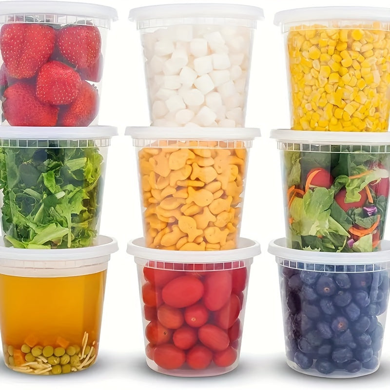 A 10-piece set of 24-ounce plastic food containers with lids that are perfect for freezing, dishwashing, and microwaving. These sealed food storage containers are ideal for storing soups and preparing takeout meals.