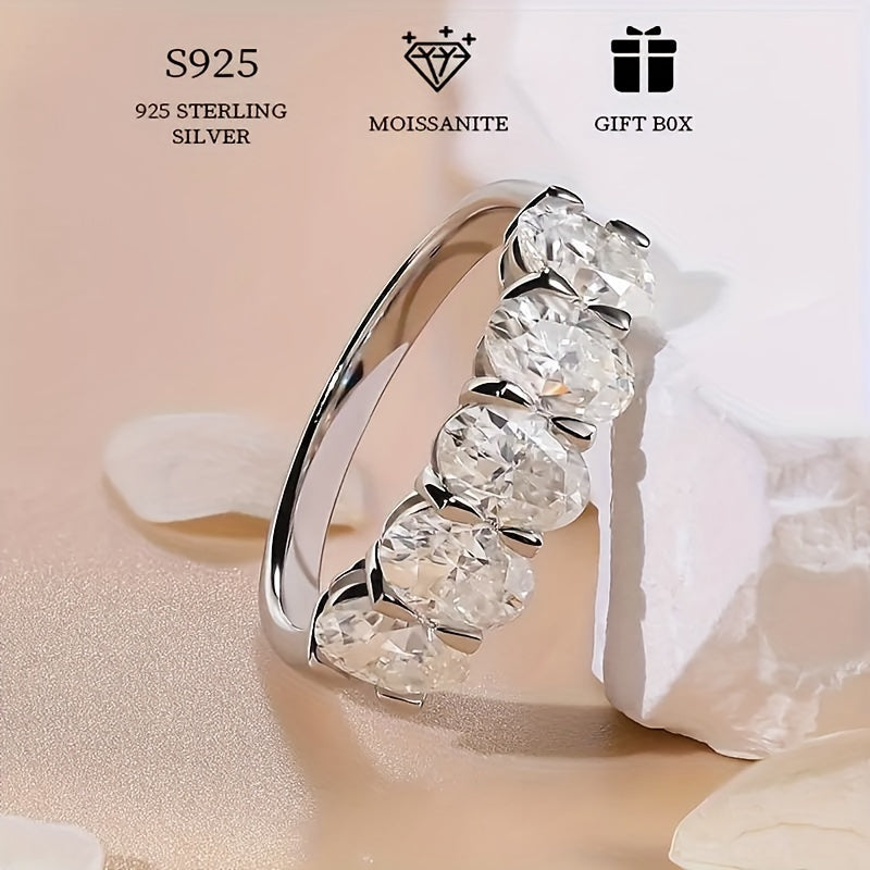 5 Egg Shaped Moissanite Ring in 6g of S925 Sterling Silver, Hypoallergenic, Total 2.5-5ct. Exquisite and Elegant, perfect for Valentine's Day Engagement/Wedding Gift for Women. Comes with a Bonus Moissanite Certificate in an Exquisite Gift Box.