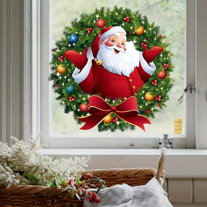 Modern Santa Claus wreath window stickers made from polyvinyl chloride with self-adhesive for easy home decorating. These glossy holiday PVC window clings are reusable and have other embellishment features, with a 2mil thickness.