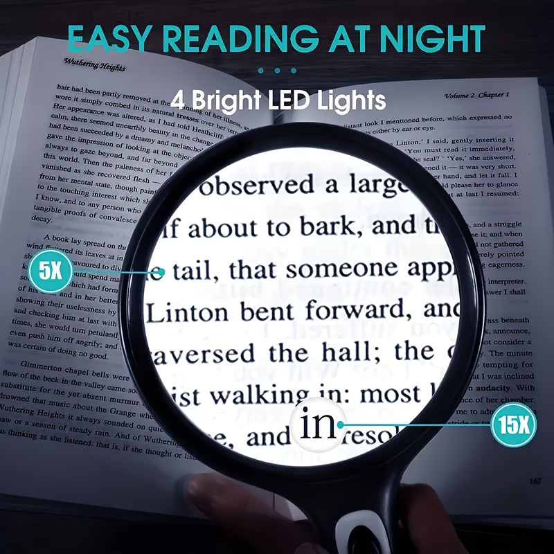 LED-Lit handheld magnifying glass with high power (30X/60X) ideal for seniors, youngsters, and low vision readers.