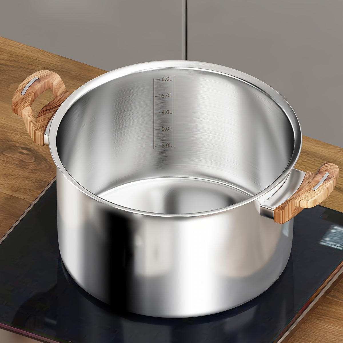 Five-layer composite steel pot for the kitchen, made of thickened food-grade 316 stainless steel. Non-stick and induction cooktop compatible. Features a deep soup pot and thickened steamer with 304 stainless steel lid. Ideal for cooking noodles