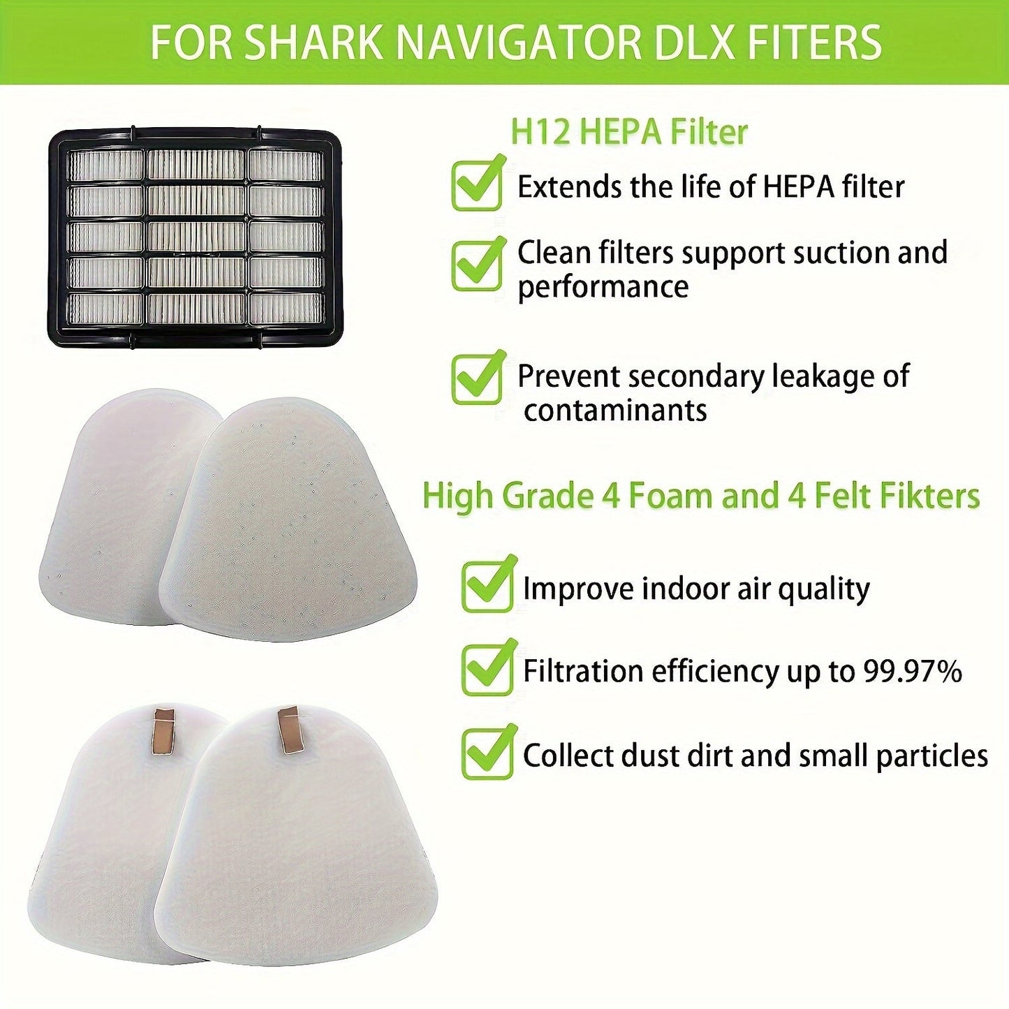 Comparison of parts XFF350 & XHF350 for Navigator NV350, NV351, NV352, NV355, NV356E, NV357, NV360, NV370, NV391, UV440, UV490, UV500, UV540, UV541, and UV550: Includes 4 foam filters, 4 felt filters, and 2 high efficiency filters.