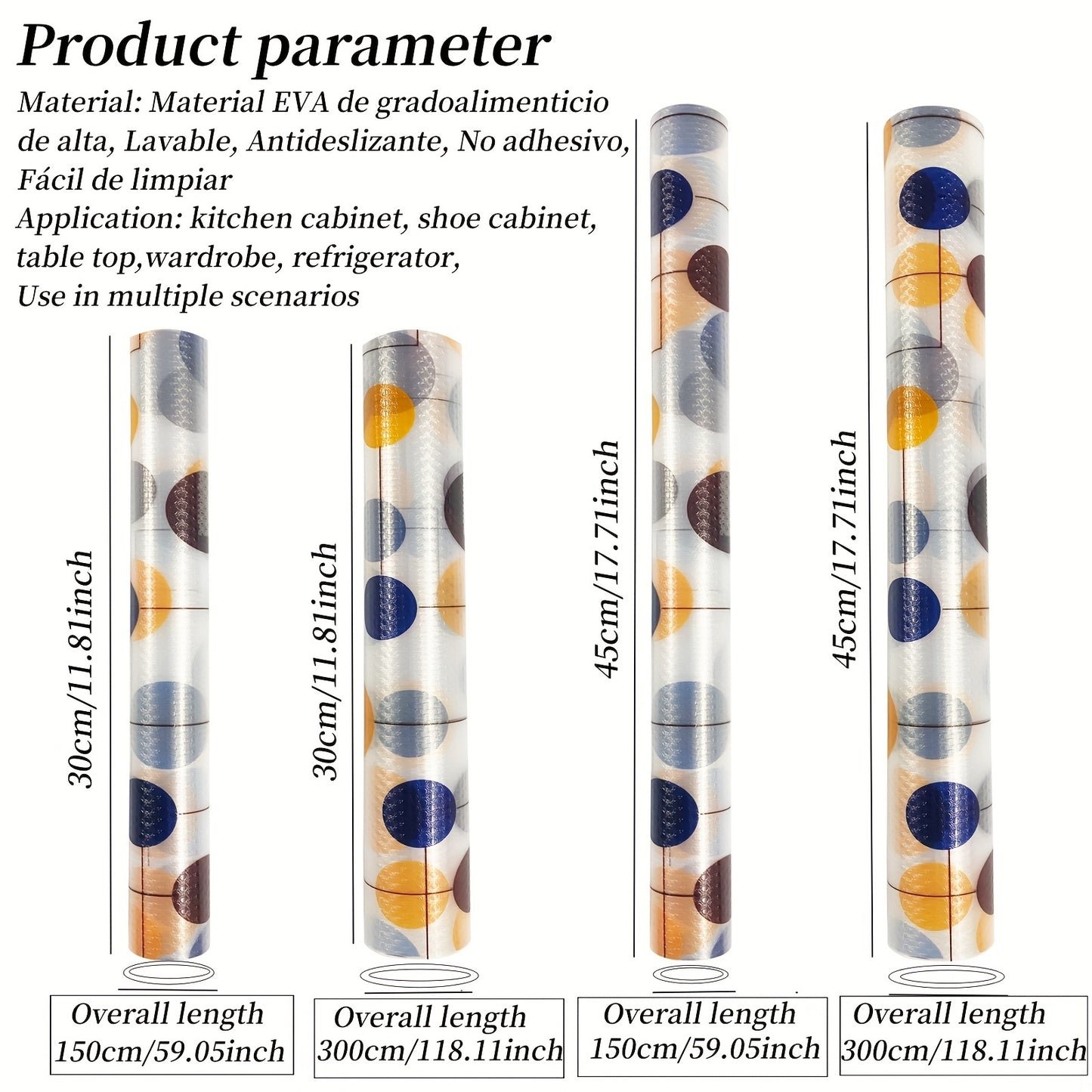 Vinyl kitchen cabinet liner with EVA material and patterned print, ideal for moisture-proof, dust-proof, non-slip shelf and drawer protection. Perfect for kitchen storage supplies and fridge table pads.