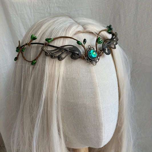 Vintage-style Elf Crown with Faux Gemstones and Metal Tiara for Halloween and Cosplay - Handmade Medieval Witch Headband