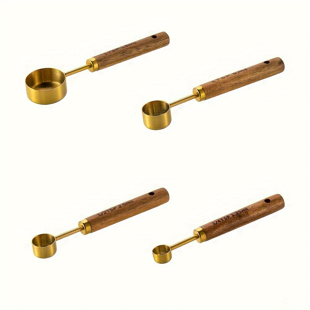 Set of 4 Kitchen Measurement Tools with Stainless Steel Metal and Wooden Handles