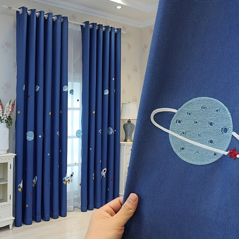 Нavy blue faux linen curtain with cartoon embroidery, paired with a white outer space cartoon tulle sheer curtain for bedroom window treatment.