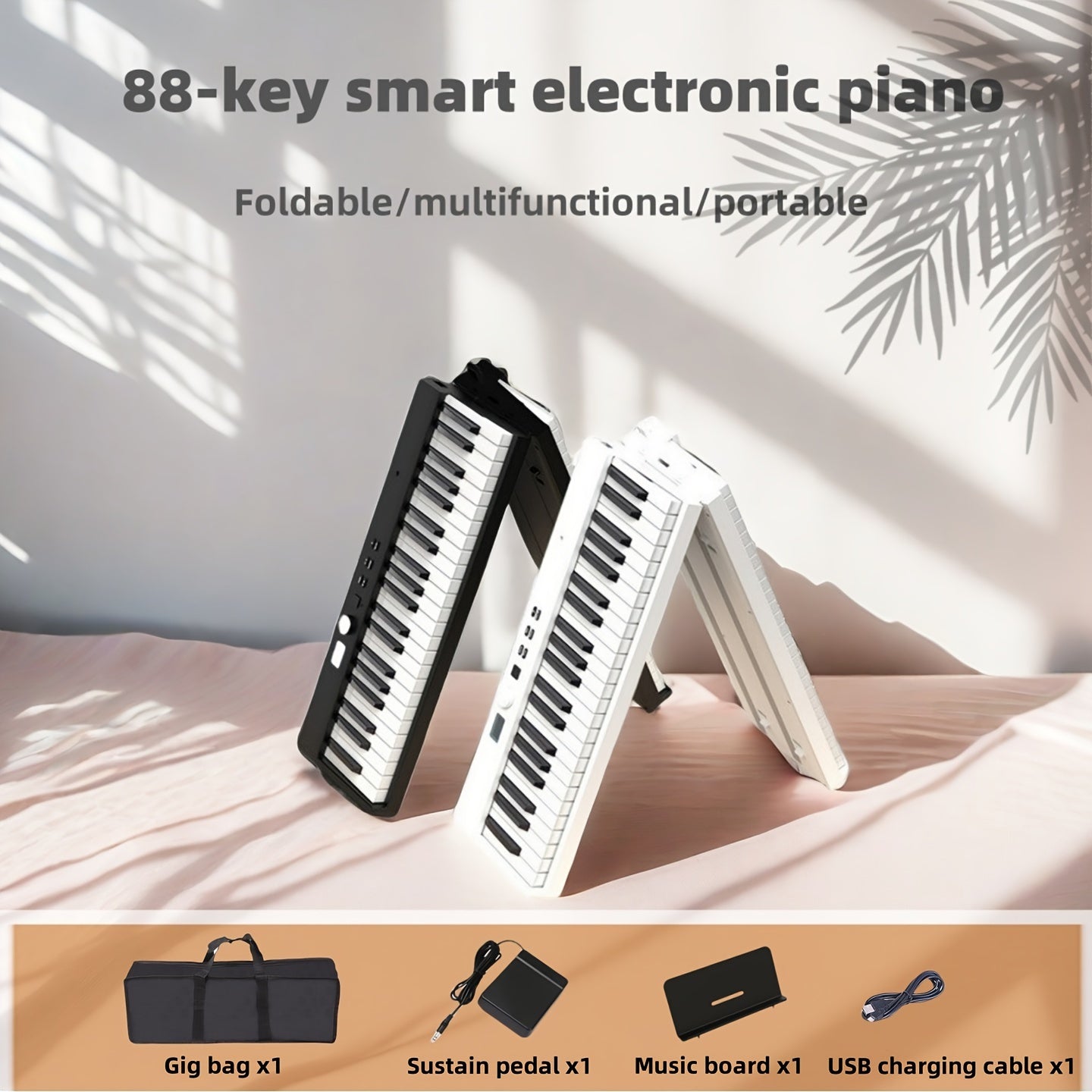 88-Key Smart Electronic Piano Keyboard with Dual Rhythm & Timbre, Includes Carry Bag, USB Cable, Manual, Music Stand, Sustain Pedal, and Music Score Board.