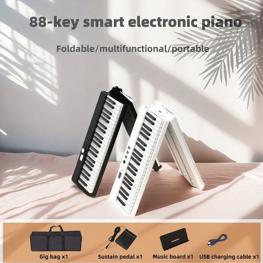 88-Key Smart Electronic Piano Keyboard with Dual Rhythm & Timbre, Includes Carry Bag, USB Cable, Manual, Music Stand, Sustain Pedal, and Music Score Board.