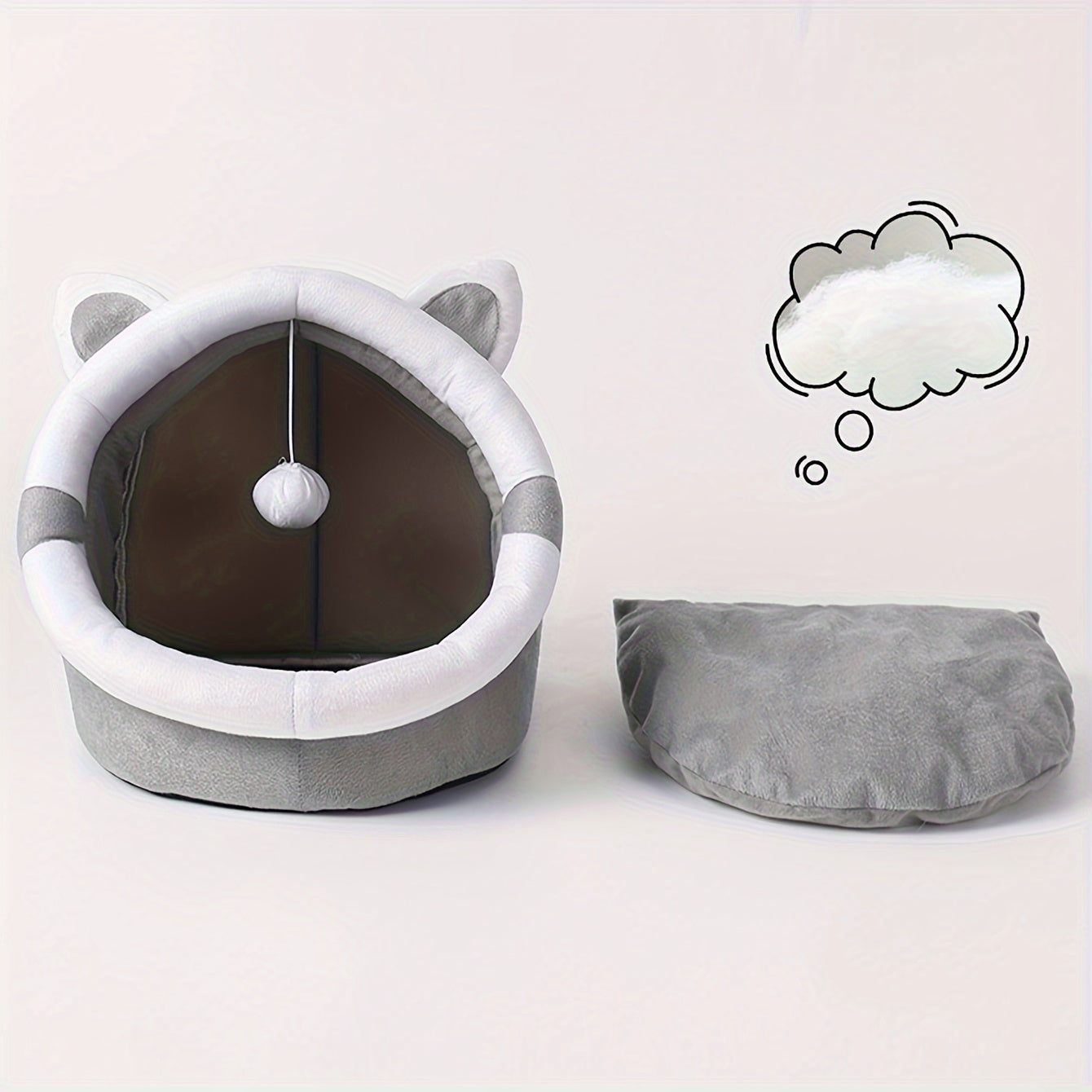 Convertible grey cat ear pet bed made of polyester fiber material. Suitable for small to medium cats and dogs. All-season indoor sleeping lounge with dangling ball toy.