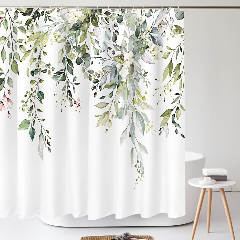 Green Eucalyptus Leaf Shower Curtain, 1 piece, measures 180x180cm, includes 12 plastic hooks for easy installation. Enhance your bathroom decor with this fresh plant design.