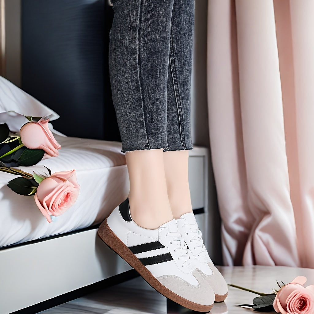 Women's Striped Flat Sneakers, Casual Lace Up Outdoor Shoes.