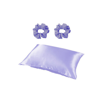 Luxurious satin pillowcase and hair scrunchies with minimalist design. Ideal for home, hotel, or bedroom use. Includes matching set of 2 scrunchies.