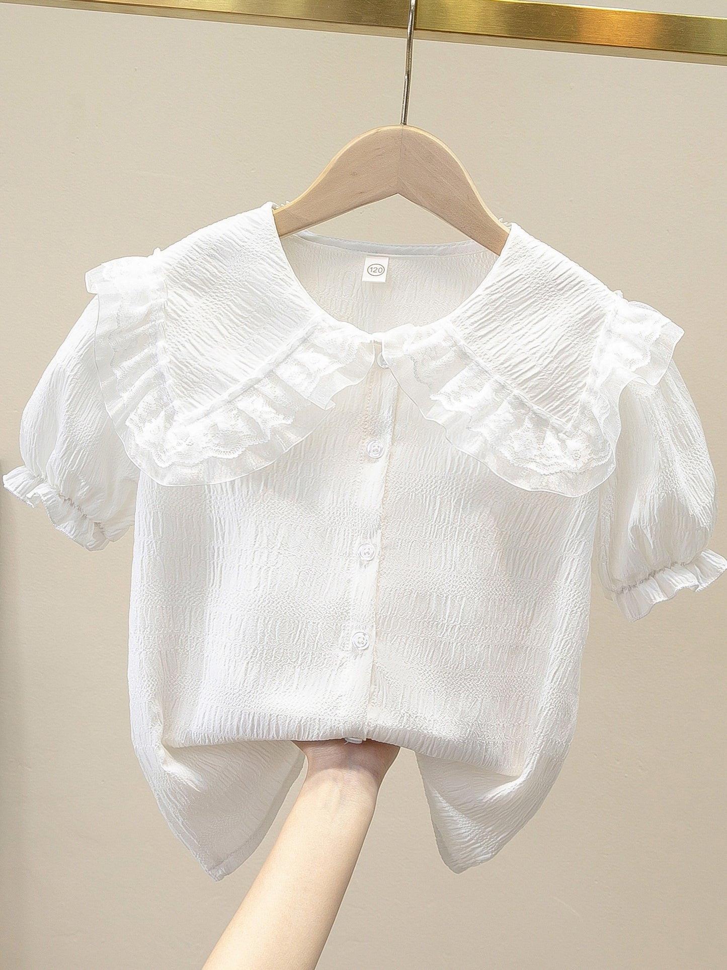 Girls' Short Sleeve Ruffle Blouse with Embossed Chiffon and Lace Collar, Sweet Bubble Sleeves, White School Shirt for Toddlers & Kids