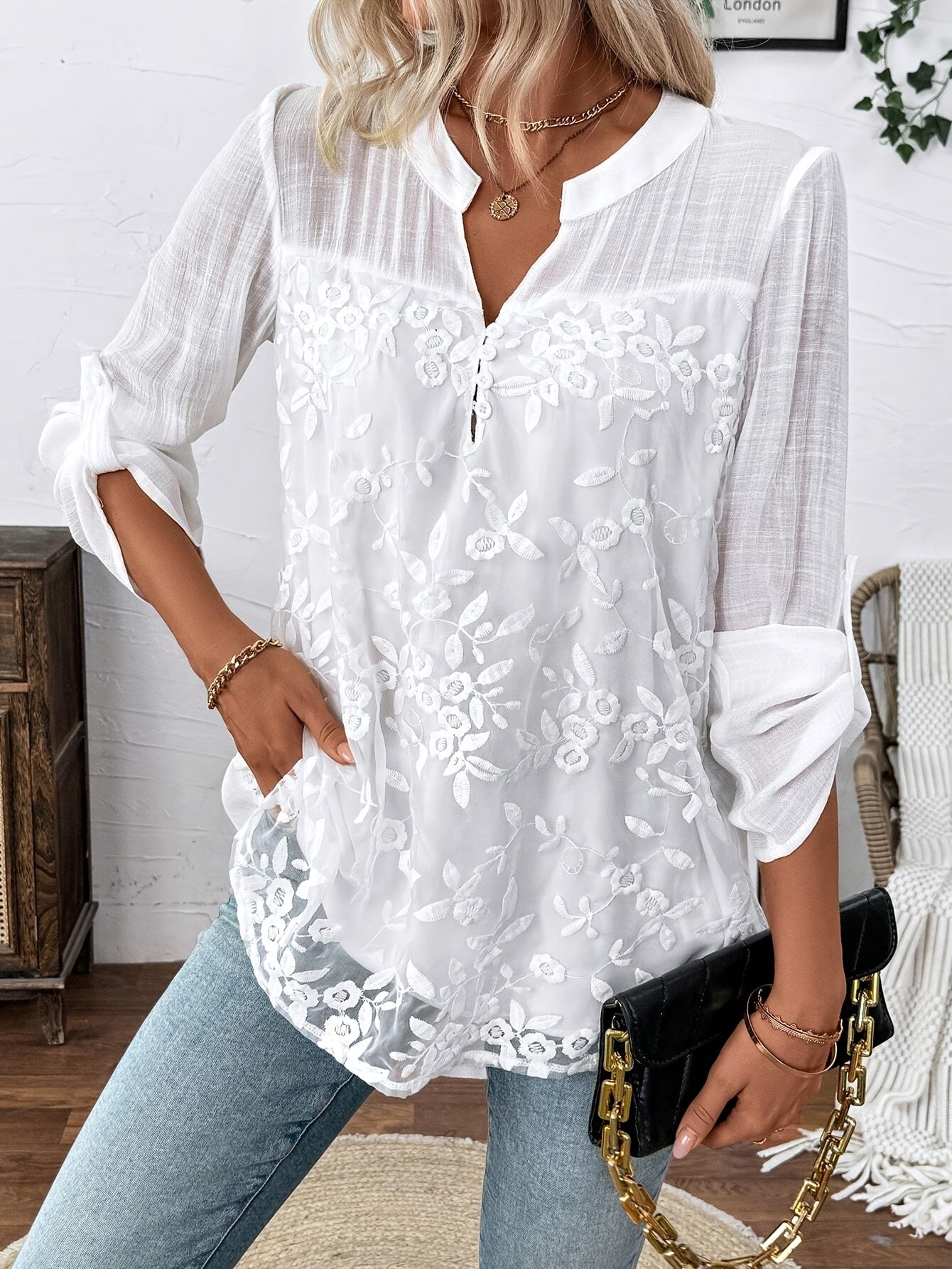 1pc Floral Embroidered Polyester Crew Neck Long Sleeve Blouse for Women, Spring/Fall Shirting Shirt