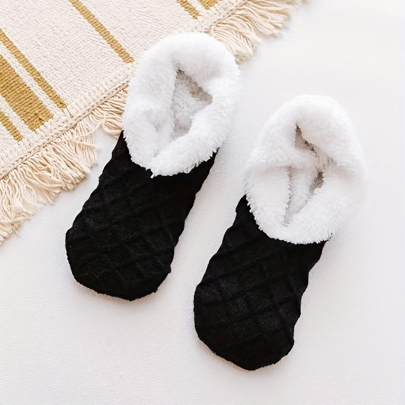 Women's warm non-slip coral fleece floor socks with plush knitted design.