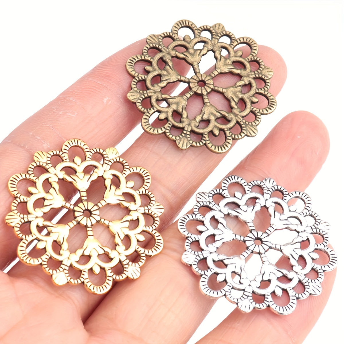 Set of 30 Antique Silvery/Ancient Golden/Bronze Hollow Lace Flower Round Combined Golden Pendants, 30mm/1.2 Inch in Size. Perfect for Christmas Decoration and DIY Jewelry Making