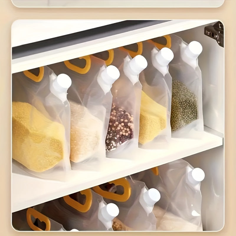 Five reusable food storage bags with vacuum seal, moisture-proof technology, perfect for keeping grains, flour, and beans fresh. Made from BPA-free plastic, these bags are hand washable and a great kitchen organizer.