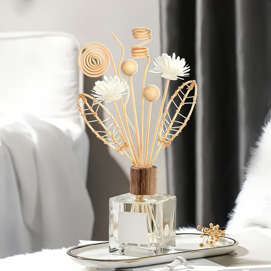 12-piece reed diffuser set with elegant design and natural rattan sticks with white floral accents, perfect for home decor and aromatherapy, unscented.