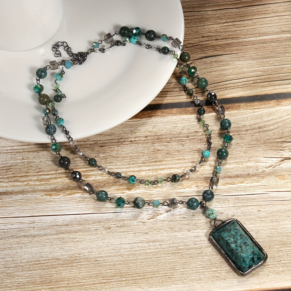 Chic Layered Stone Necklace with Boho Vibe, Featuring Natural Gemstones and Glass Beads on Black Chain, 2-Tier Style with Square Faceted Pendant, Great for Women to Wear Everyday or Give as Gifts, Ideal for Celebrating Mother's Day or Welcoming Spring