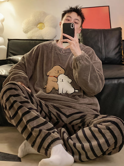 Warm Men's Cartoon Fleece Pajama Set for Fall/Winter home wear