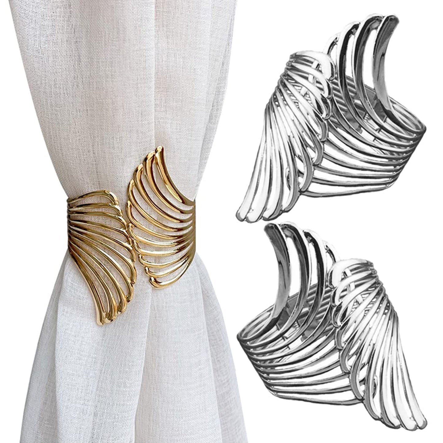 A pair of golden metal curtain clips shaped like angel wings, featuring a spring opening and closing mechanism. These hollow wing tiebacks are perfect for adding a touch of elegance to your living room, study, or bedroom curtains, enhancing your home