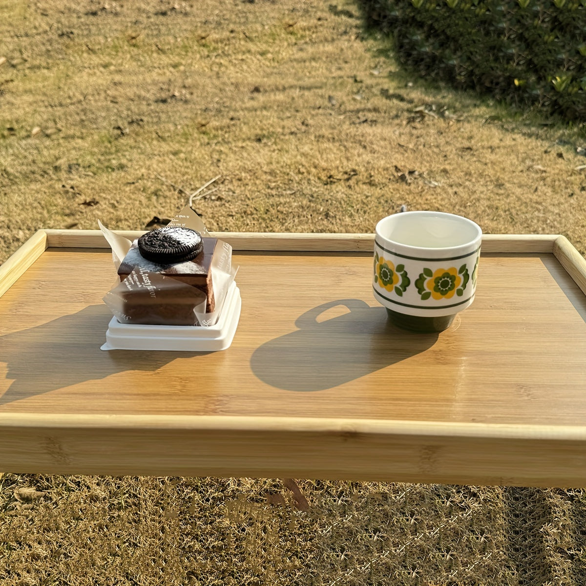 Bamboo folding table with tray, adjustable for bed, sofa, outdoors. Perfect gift for Father's Day and Mother's Day.