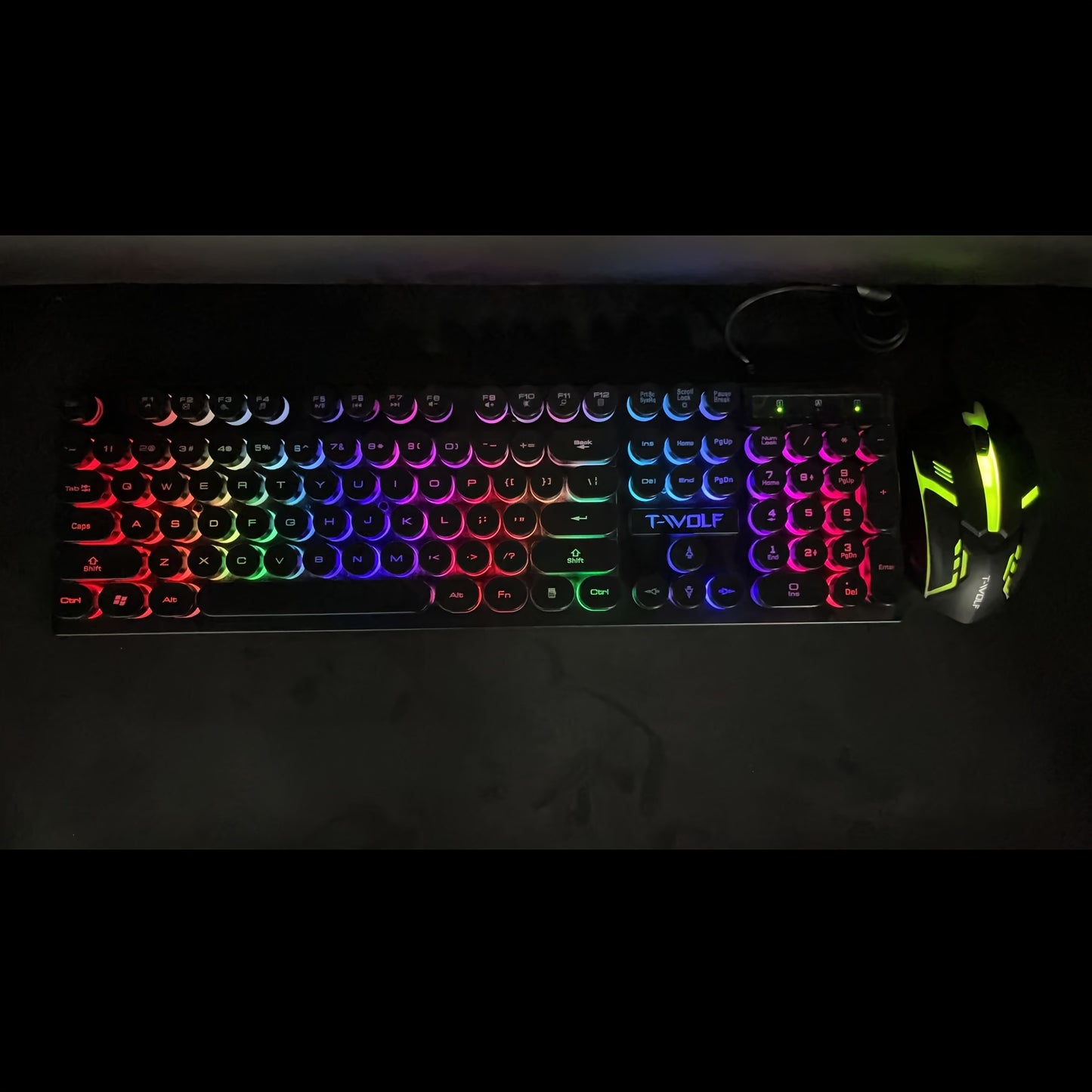 LED-lit wired keyboard and mouse set with mechanical feel for gaming and office use.