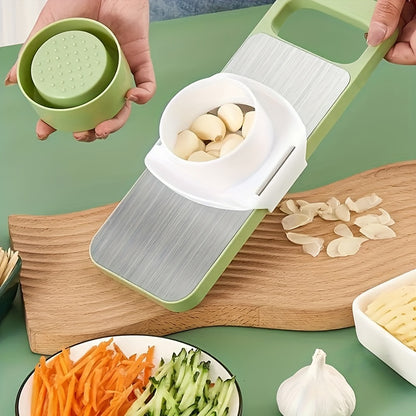 7-piece stainless steel vegetable slicer and grater set with replaceable blades for perfect slicing and grating of potatoes, carrots, cucumbers, and more. Includes storage container. Ideal