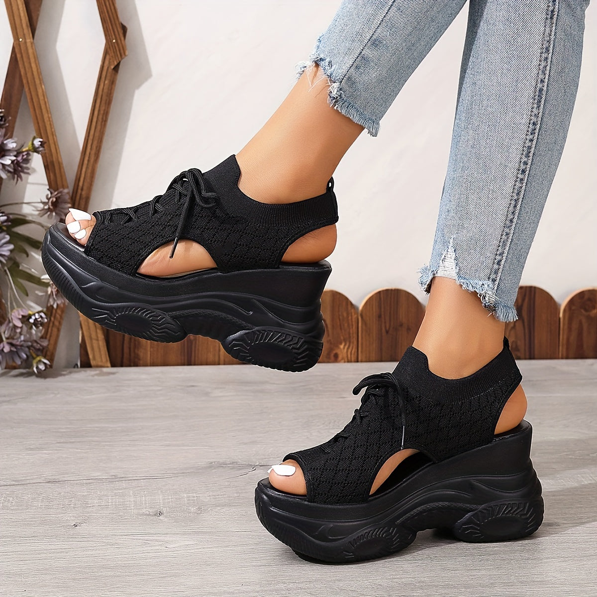 Summer platform wedge sandals with knit elastic upper, tie-up open toe design, soft high-heel sole.