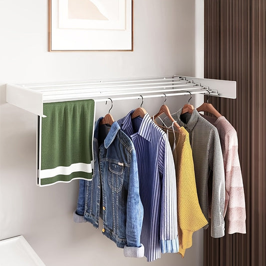 This towel drying rack is foldable and can be easily hung on the wall, making it perfect for use in the bathroom, balcony, living room, or dormitory. It is made of metal and comes in black or white. Each purchase includes 1 piece of the drying rack.