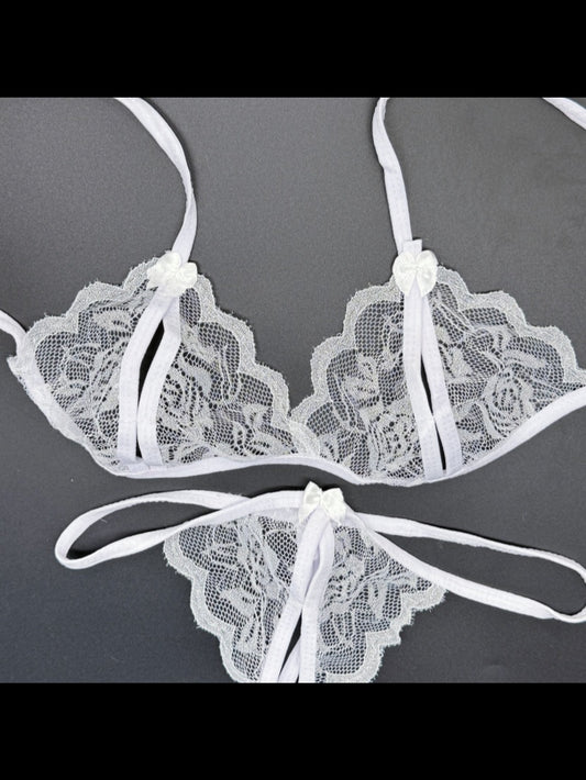 Attractive lingerie sets, bras, and crotchless panties for women.