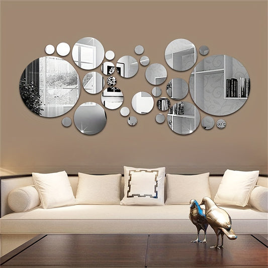 33 round 3D acrylic mirror wall stickers, self-adhesive and removable. Suitable for various rooms. Waterproof and no electricity required.