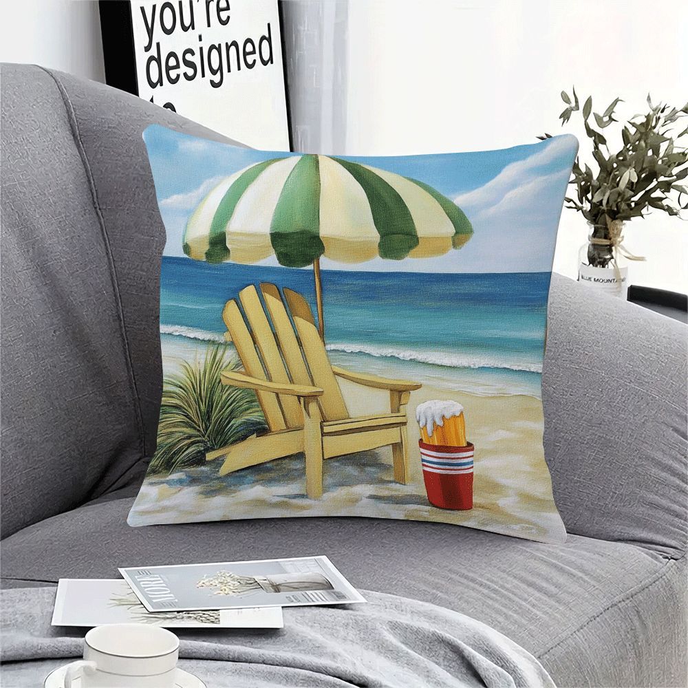 Flannel Beach Chair and Umbrella Pillowcase, Modern Summer Holiday Theme, 45.72x45.72cm in Size, Zippered Square Cushion Cover for Sofa, Bedroom, Living Room, Car - Machine Washable, All-Season Comfort, Perfect for Back Sleepers.