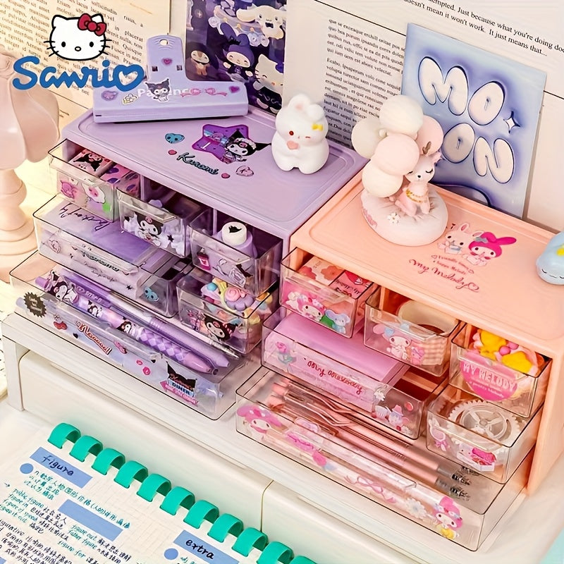 Hello Kitty & Friends desk organizer with 9 compartments, ideal for girls to store school supplies and stationery. Transparent with drawers for easy organization at home.