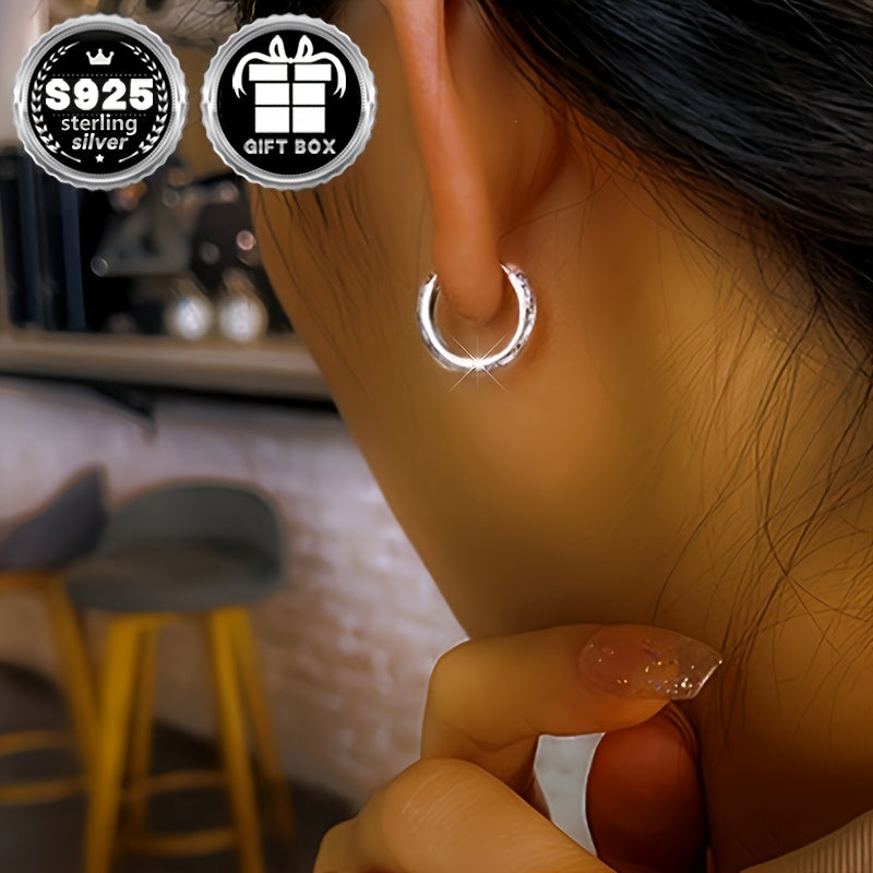 Dragon Zodiac Textured Hoop Earrings made of Hypoallergenic S925 Sterling Silver, featuring a Hollow design with an Artsy Ethnic Chinese Totem. Unisex Style, Lightweight Ear Jewelry weighing 2.9g/0.1oz