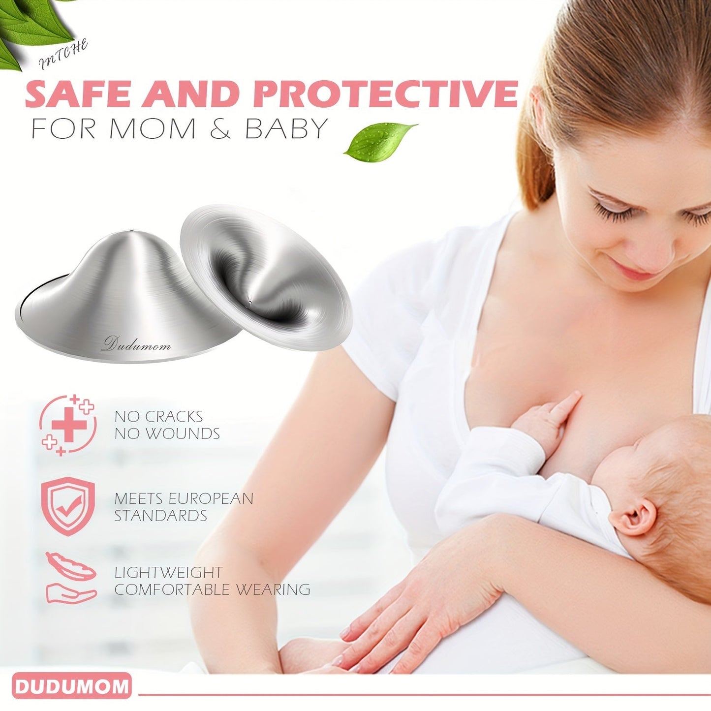 A set of two regular size silver nursing cups, designed as nipple shields for nursing mothers.