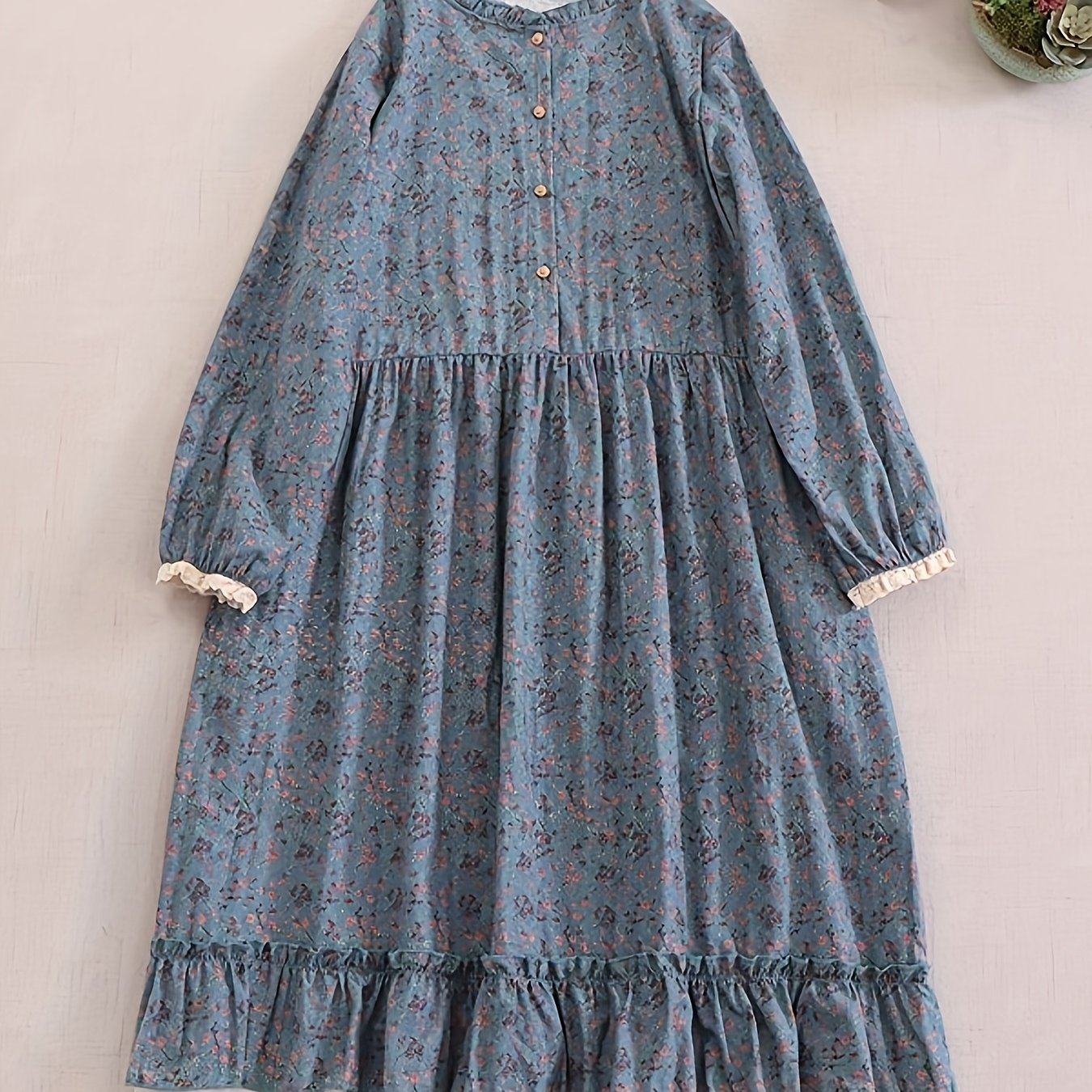 Japanese style floral long-sleeved dress with lace splicing, large hem, and linen skirt for women in Mori Girl's literary style.