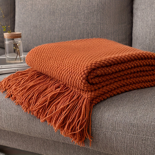 Orange Knit Throw Blanket with Long Tassels - Lightweight, Bubble Textured, Soft Blanket for Bed, Couch, Sofa, Chair, Outdoor Picnics - All Season Use - 1 Piece