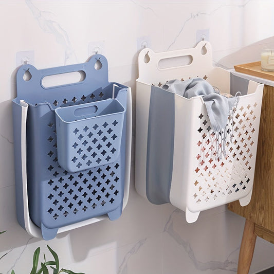 This durable plastic wall-mounted laundry hamper with a large capacity is foldable for easy storage. It's perfect for your bathroom, living room, or dorm, and features handles for portability. Use it for clothes, toys, or any other items you need to