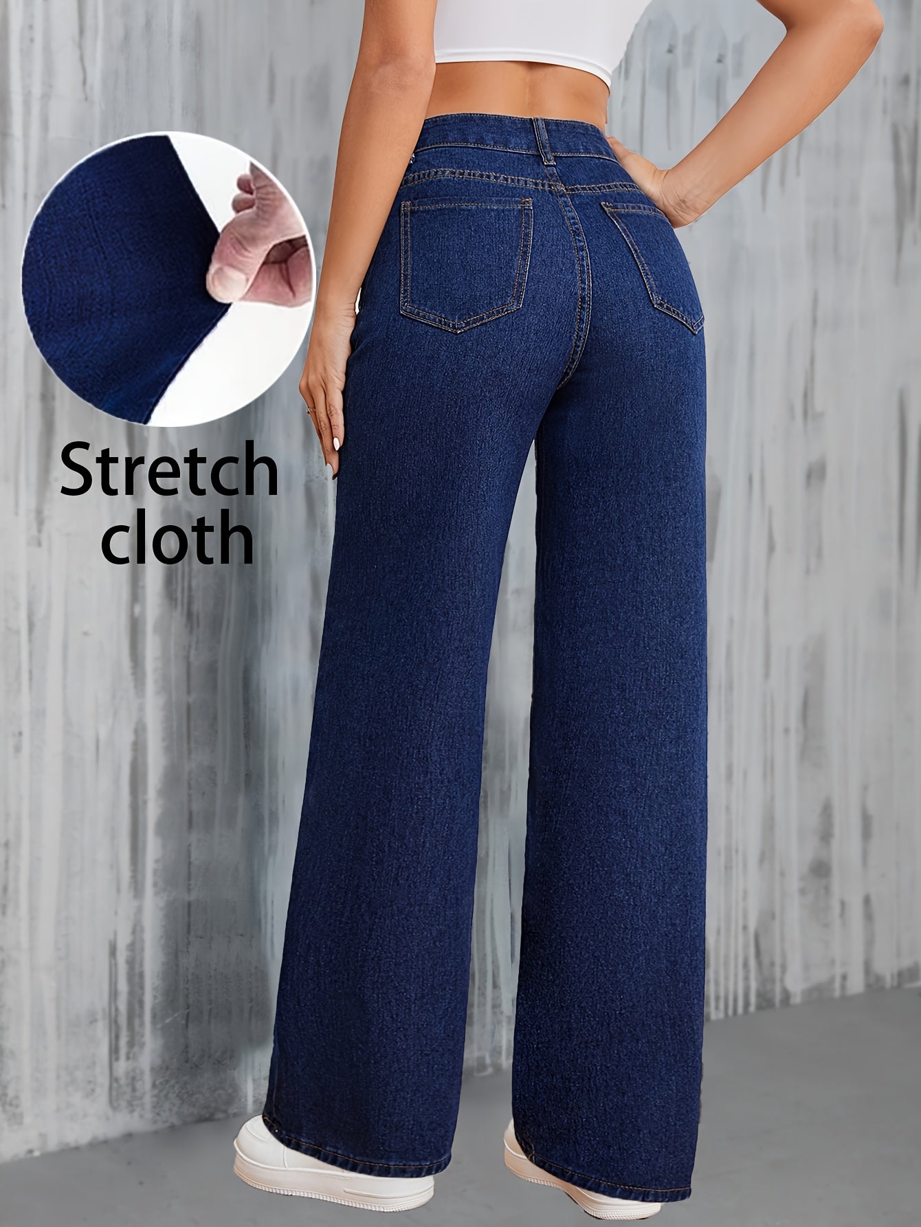 High-waisted wide leg jeans for women, preppy style, solid color denim with button fly closure and washed detail, loose fit for all-season casual wear.