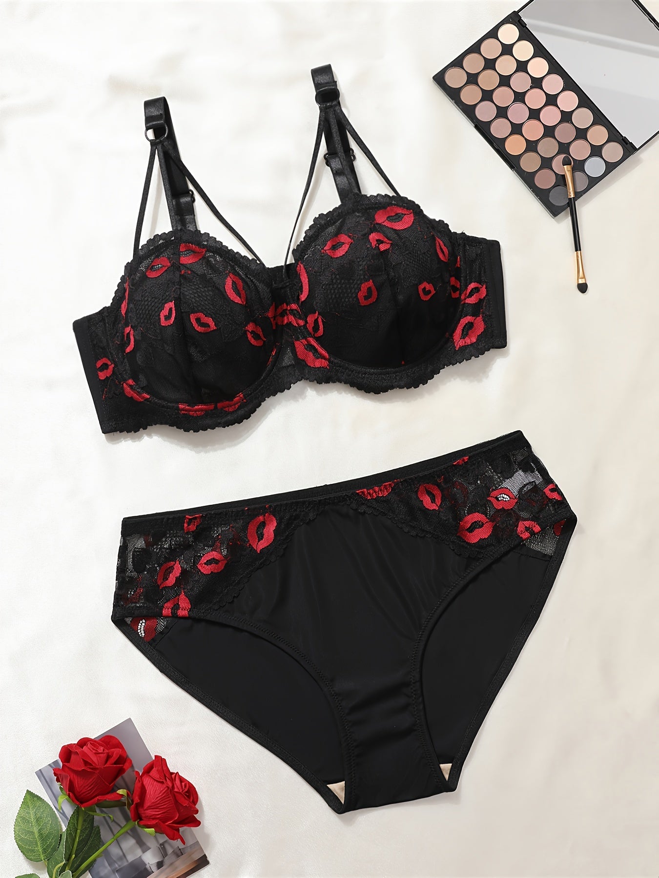 Sexy plus size lace lingerie set with kiss lips embroidery, unlined bra, and mid-waist panty for women.