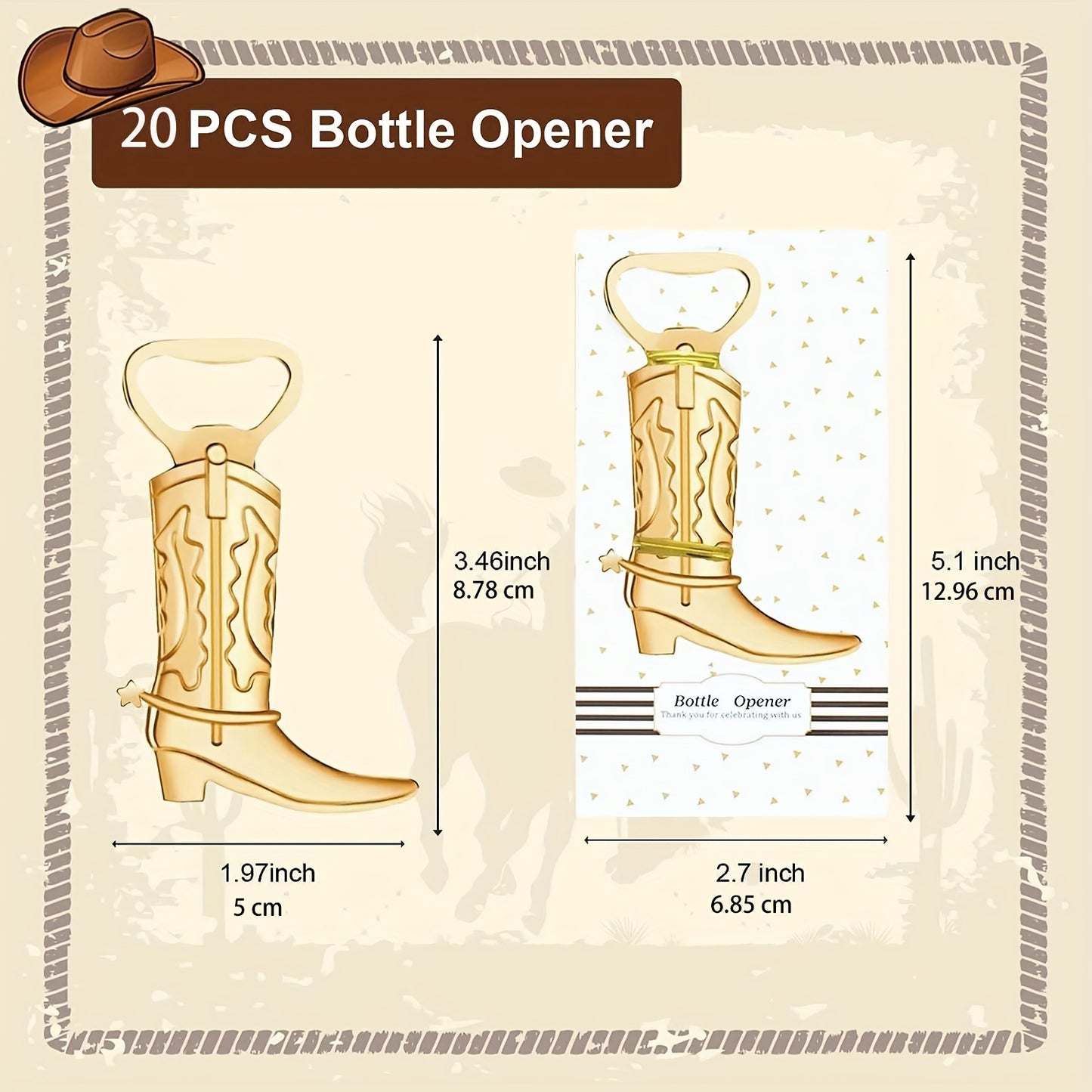 Cowboy boot shaped bottle opener, available in packs of 20 or 40 pieces. Ideal for bars or homes. Perfect as a wedding favor gift or bar accessory.