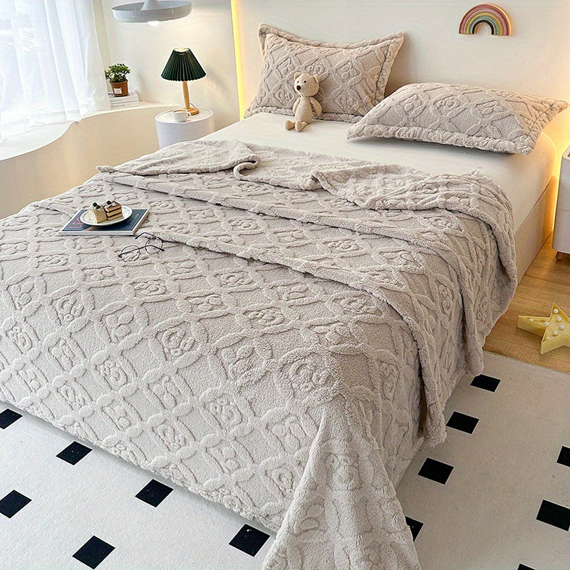 1pc, Fleece Three-Leaf Clover Embroidered Bed Blanket with Modern Style Polyester Fiber 3D Embroidery in White. Suitable for all seasons, machine washable, 250-300g fabric weight. Geometric